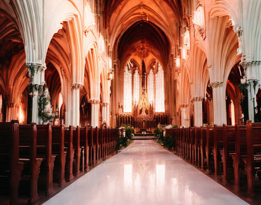 Grand cathedral interior with Gothic arches, ornate altar, and warm lighting