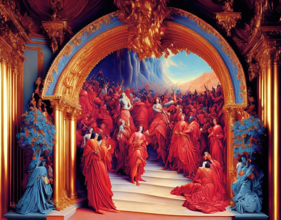 Luxurious red and blue garments in theatrical volcanic eruption scene