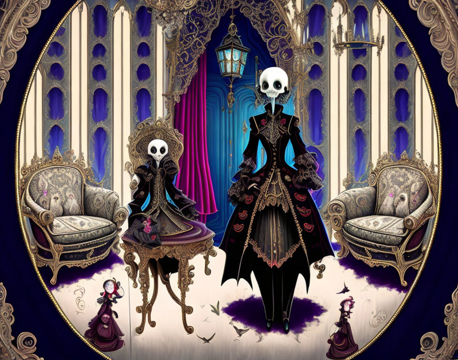 Gothic-themed artistic illustration with skeletal figures in regal attire