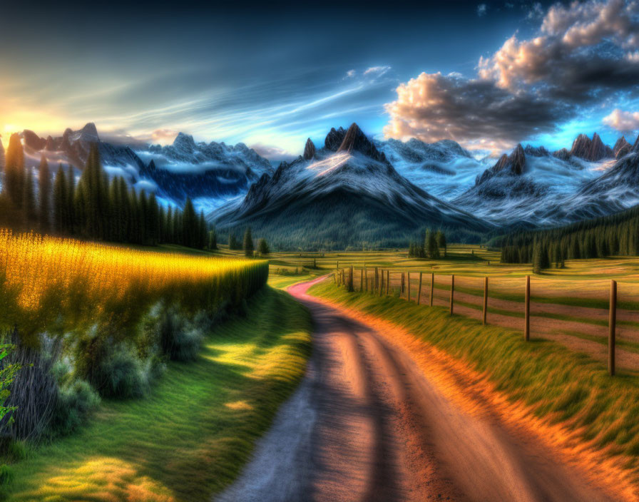 Scenic dirt road in lush valley with snow-capped mountains at sunset