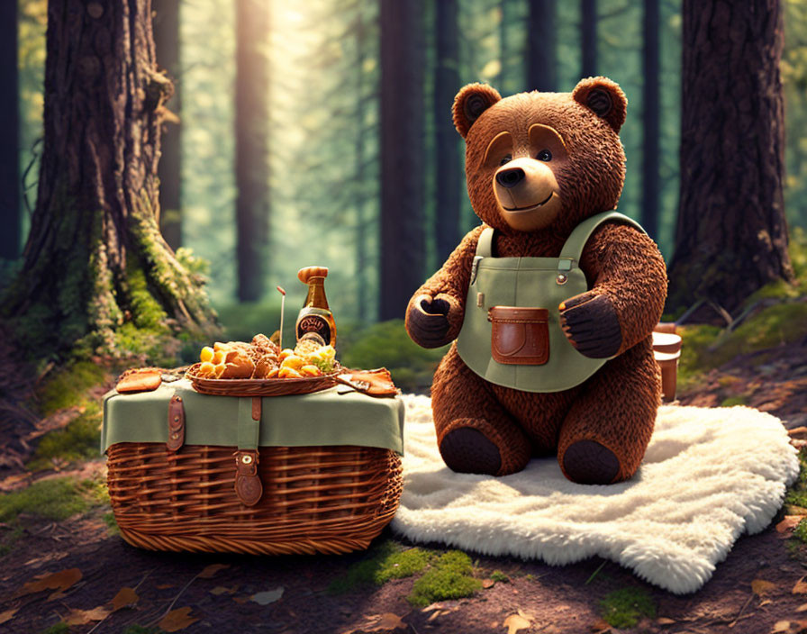 Teddy Bear in Overalls with Picnic Basket in Forest Clearing