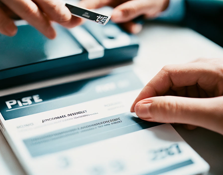 Hands exchanging credit card over blurred document.