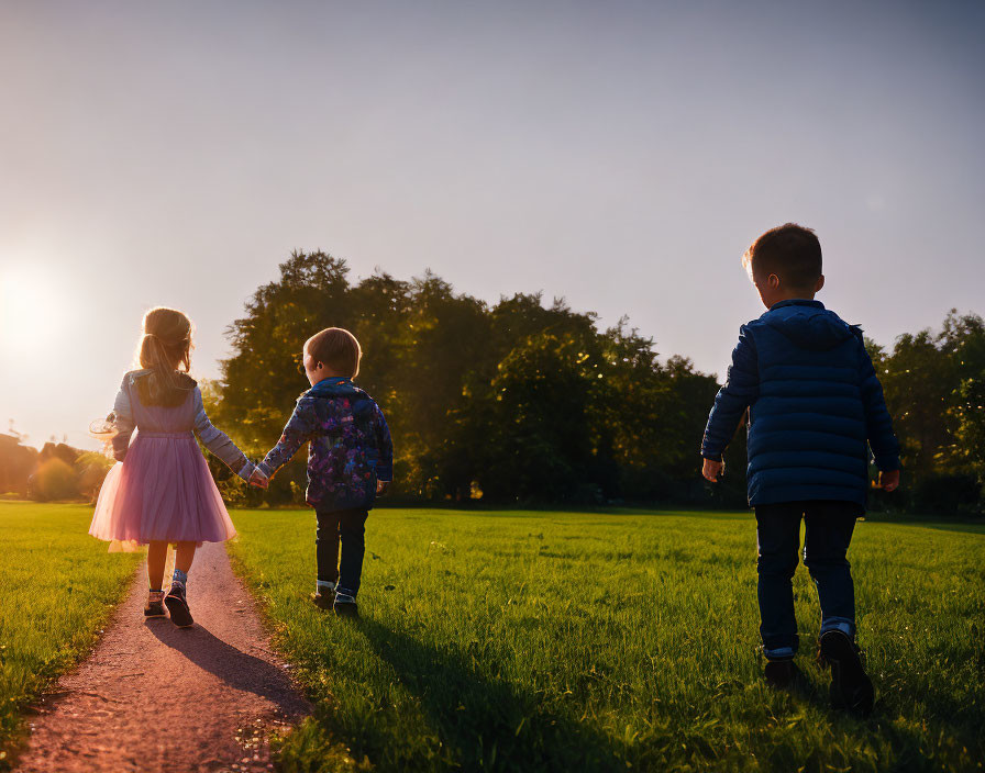 Children walking in park at sunset holding hands