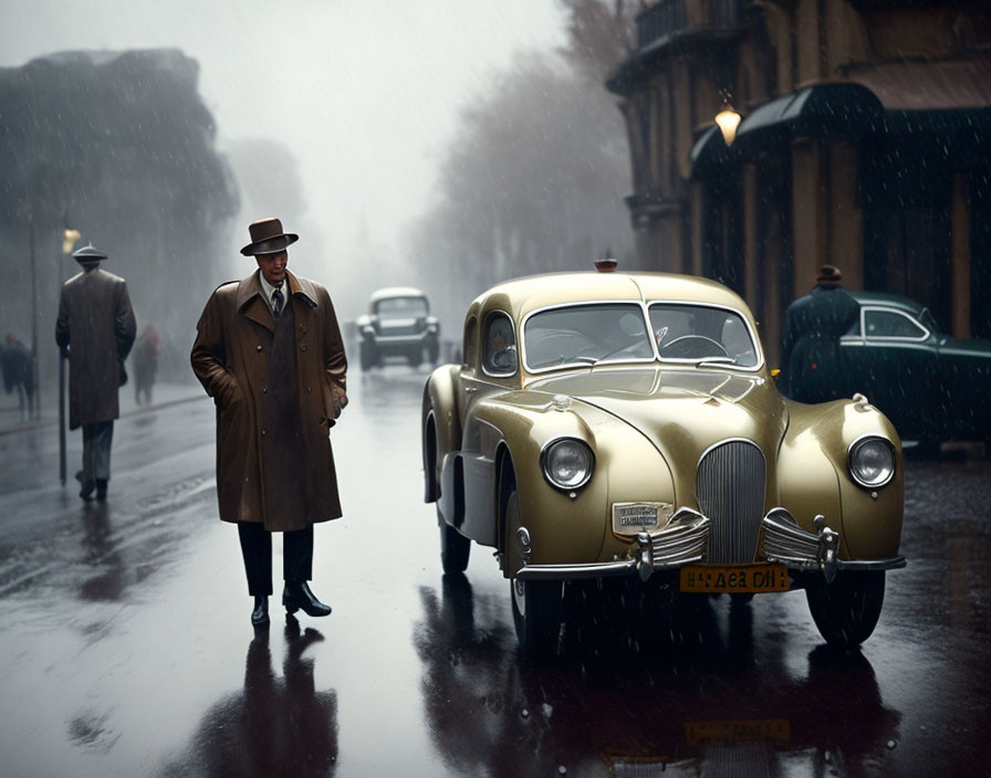 Man in trench coat and fedora next to vintage car in rain.