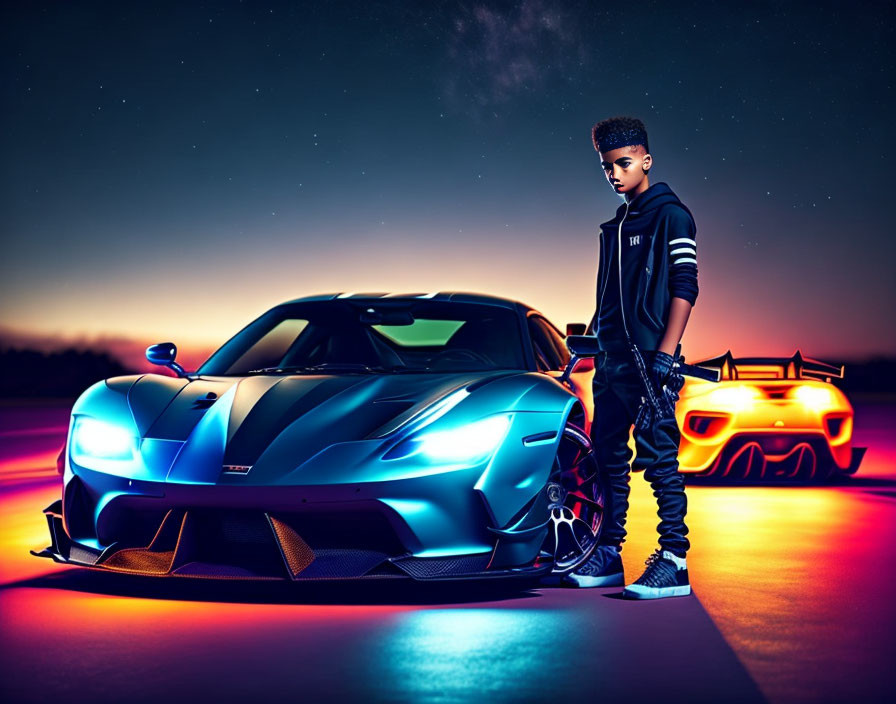 Young person poses next to metallic blue sports car under twilight sky