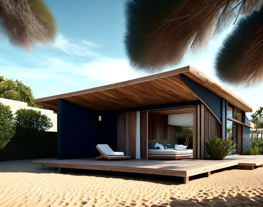 Wooden pitched roof beach house with sun loungers on large deck surrounded by sand and palm fronds