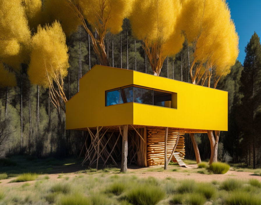 Yellow Rectangular House on Logs Foundation Surrounded by Trees