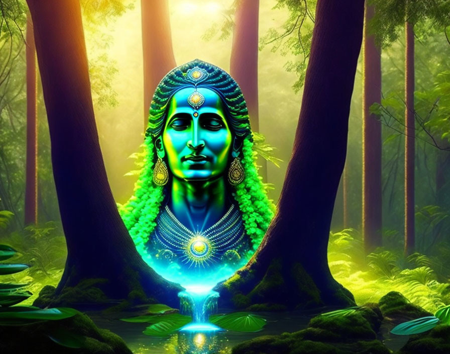 Serene blue-faced deity with traditional jewelry in mystical forest landscape