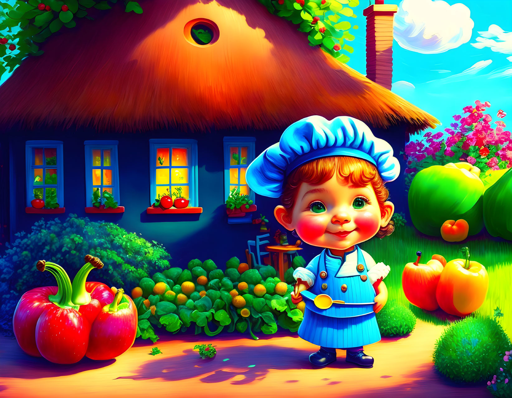 Cartoon chef child in vibrant garden with oversized vegetables