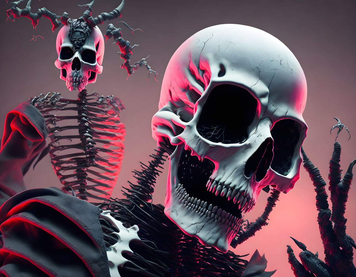 Surreal image of stylized skulls with horns on crimson backdrop