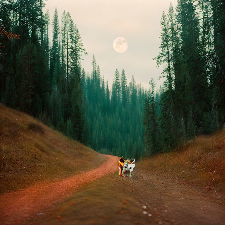 Dog with Backpack Walking on Dirt Road in Forest Under Full Moon