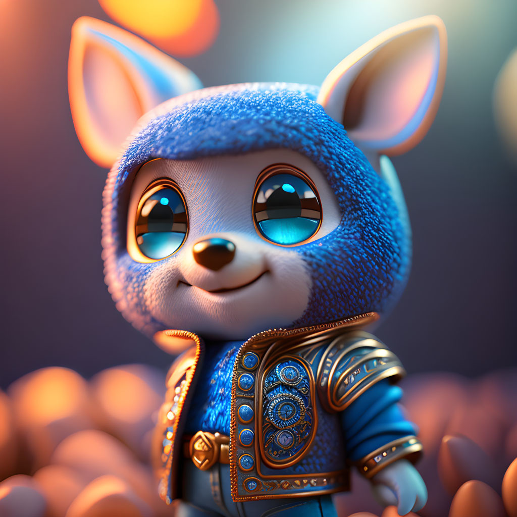 Blue anthropomorphic fox character in ornate jacket with gold details