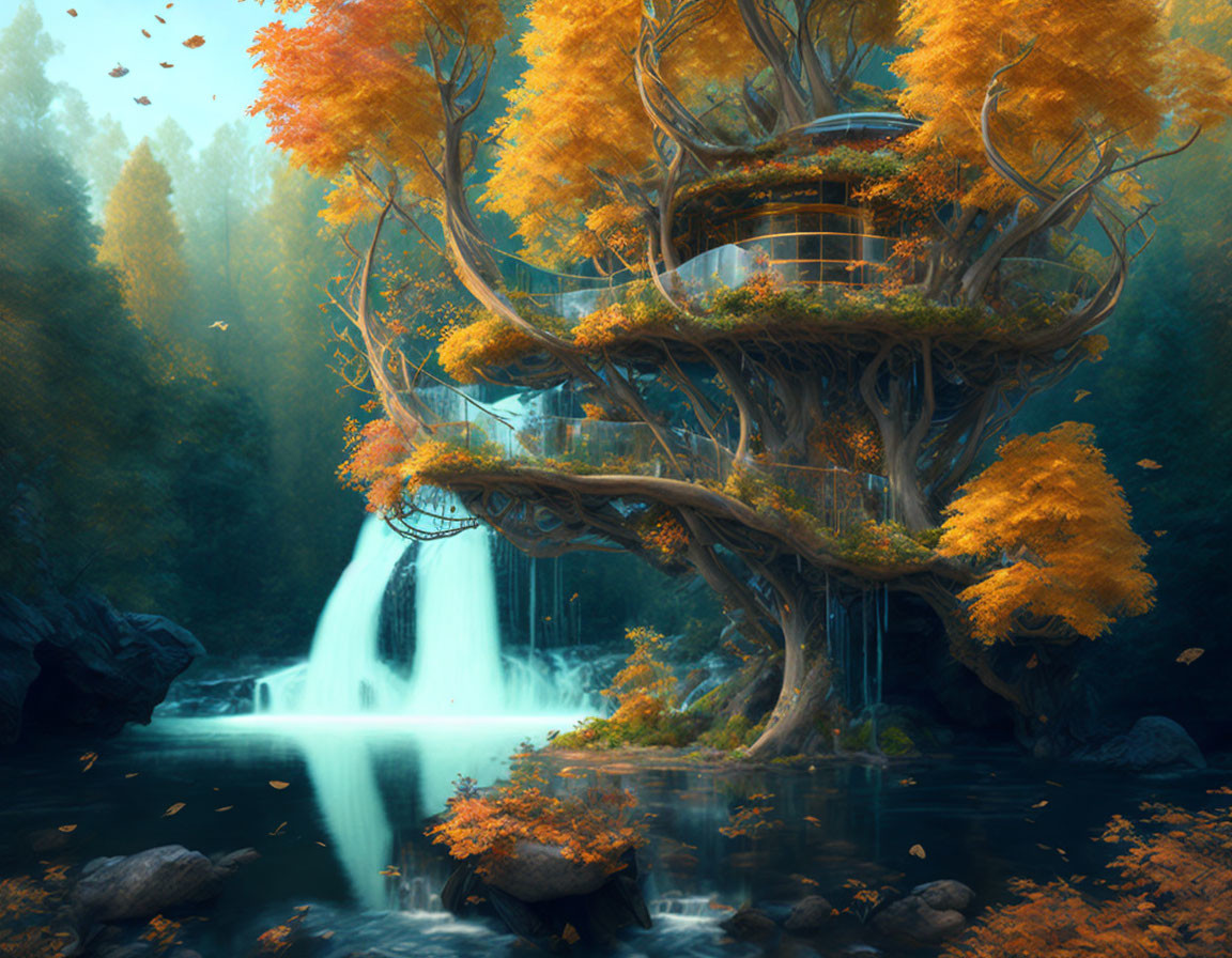 Golden leaf treehouse by autumn waterfall in mystical forest