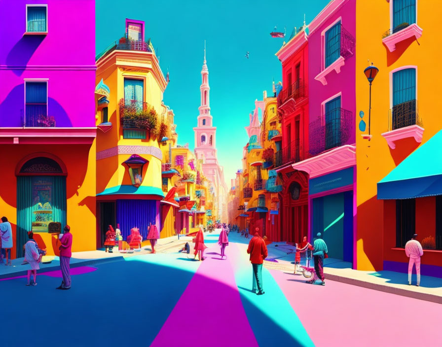 Colorful street scene with vibrant people and buildings under bright blue skies