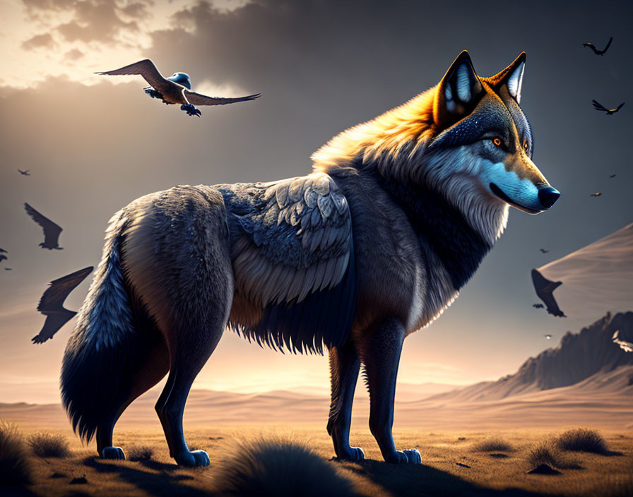 Winged wolf in desert landscape at sunset with birds