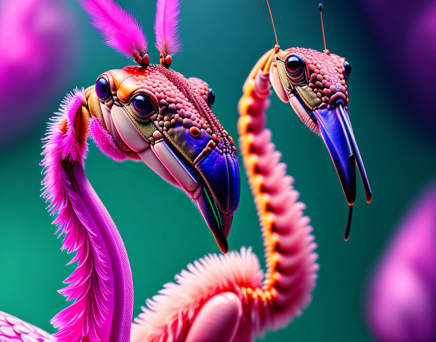 Colorful Stylized Mantis Shrimps on Pink Structures