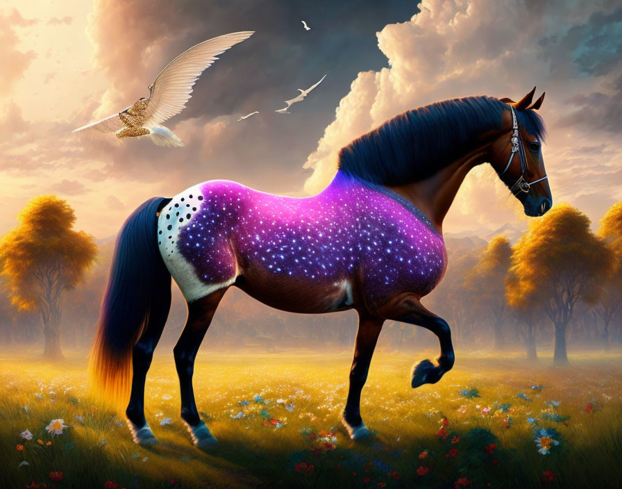 Cosmic patterned horse prancing in fantastical meadow at sunset