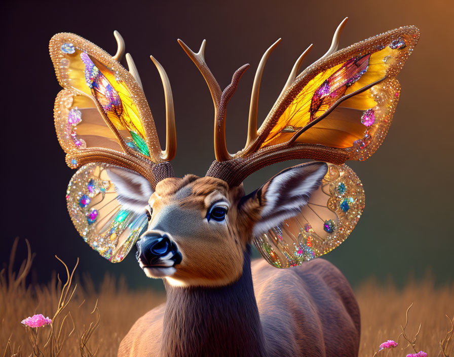 Colorful deer with butterfly wings and gem-like details on soft background