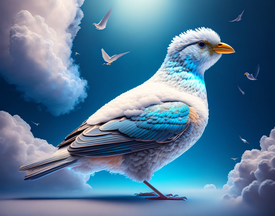 Colorful bird illustration blending bluejay and sparrow features against a dreamy sky