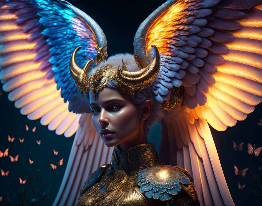 Golden-armored female figure with angelic wings and butterflies