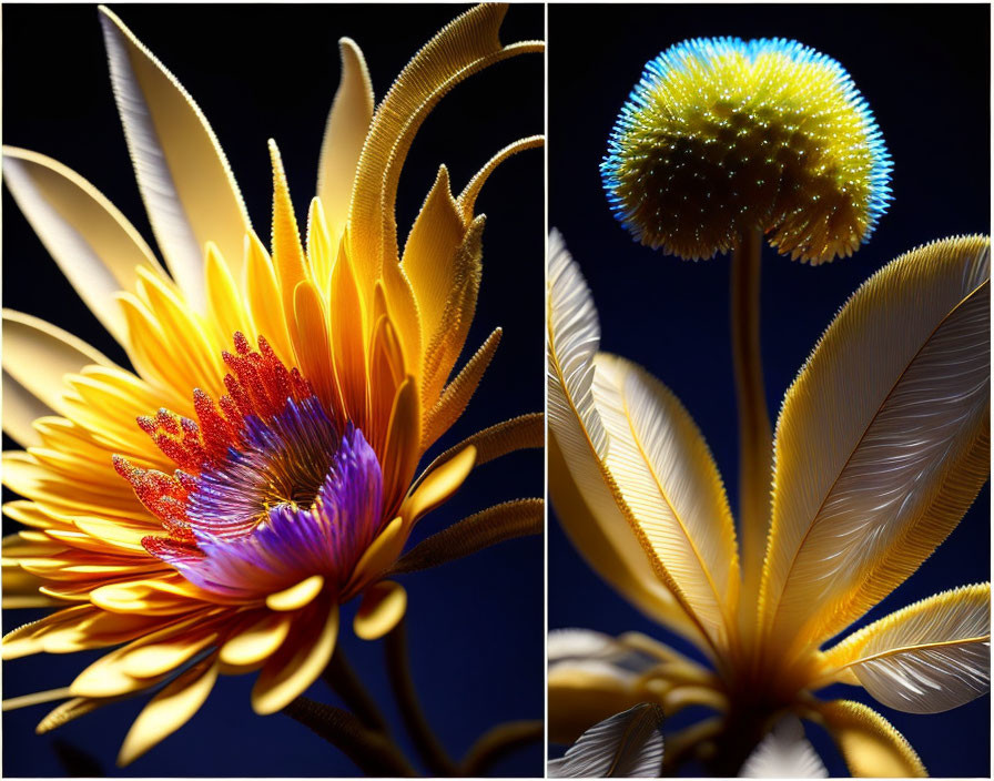 Vibrant flower images with feather-like textures on dark backdrop