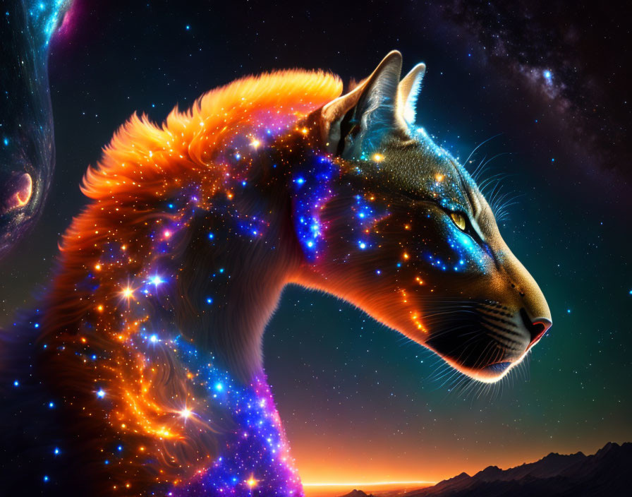 Cosmic-themed digital artwork featuring cat's head with galaxy pattern on fur