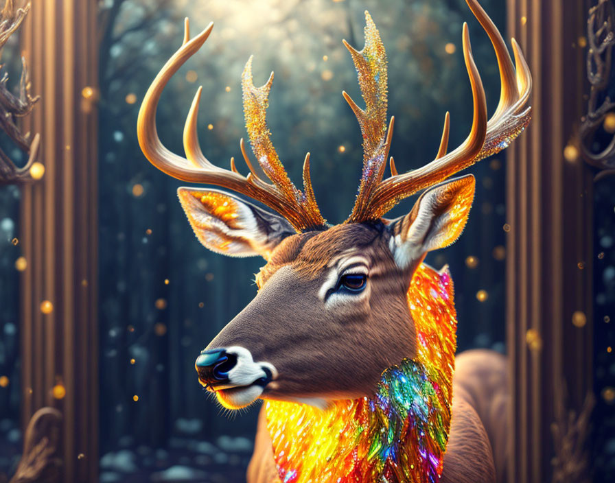 Fantastical deer with glittering antlers and rainbow mane at golden gate