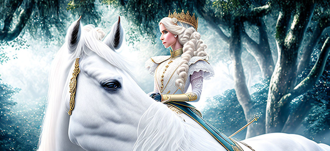 Regal woman in elegant gown and crown riding white horse in enchanted forest