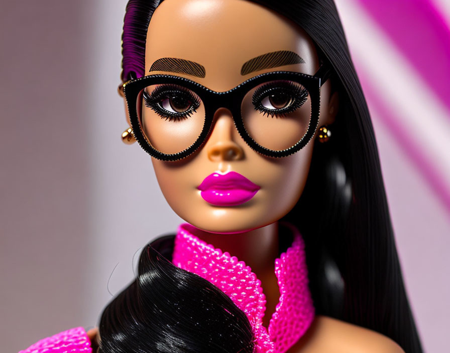 Doll with bold makeup, oversized glasses, and pink outfit with textured collar