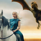 Queen in Blue Dress with Crown on White Horse Beside Dragon