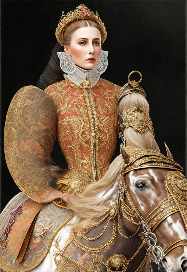 Renaissance-era woman on majestic horse with ornate bridle