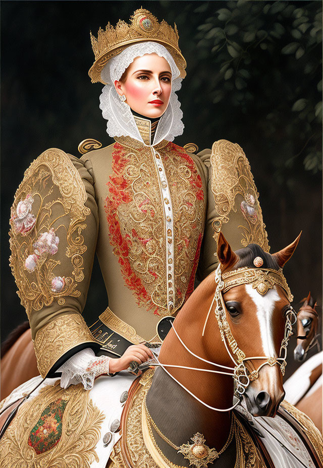 Historical woman in ornate riding outfit on brown horse