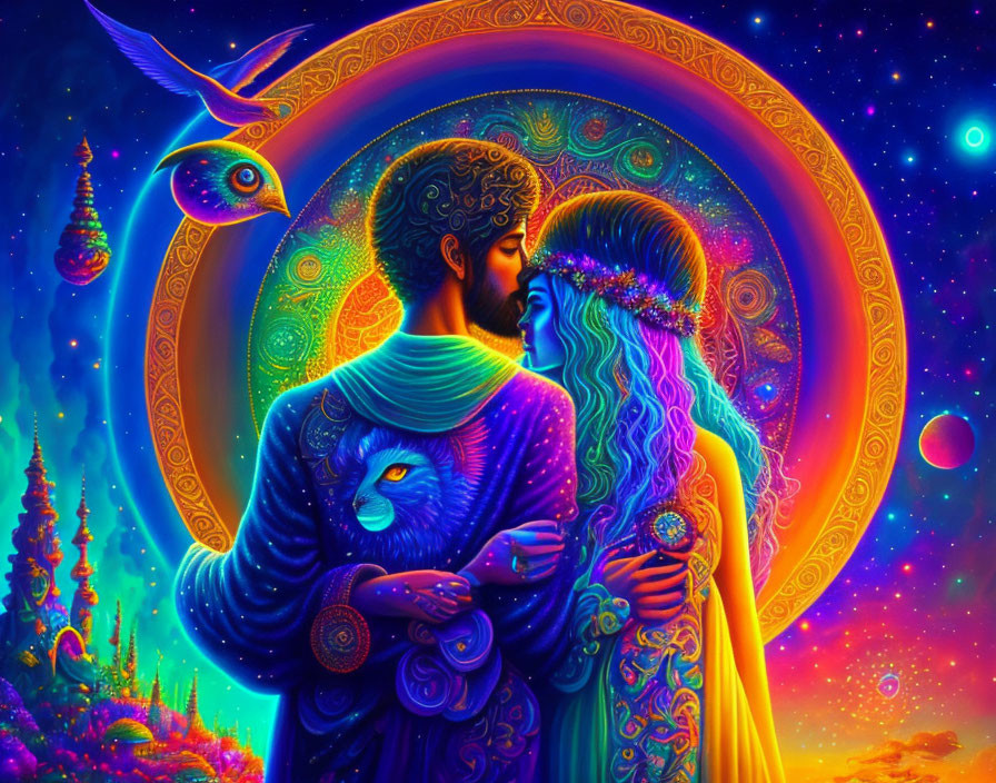 Colorful illustration: Couple embracing with psychedelic patterns & celestial elements