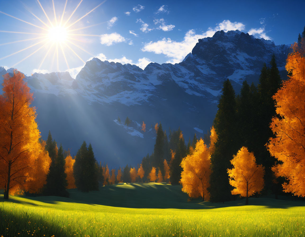 Majestic mountain range with autumn trees and lush meadow under radiant sunburst