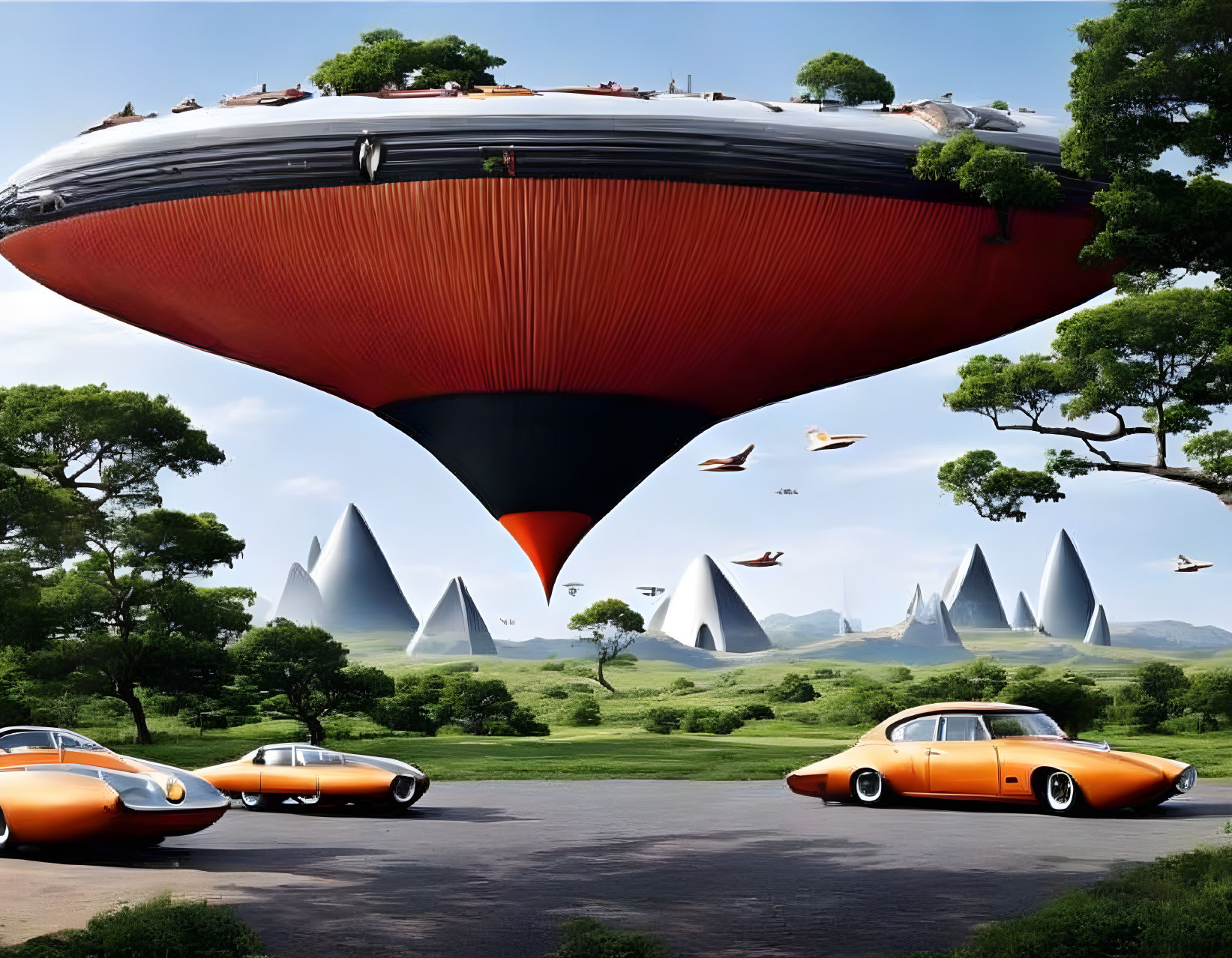 Large Red Hovering Spaceship and Futuristic Landscape with Birds and Mountains