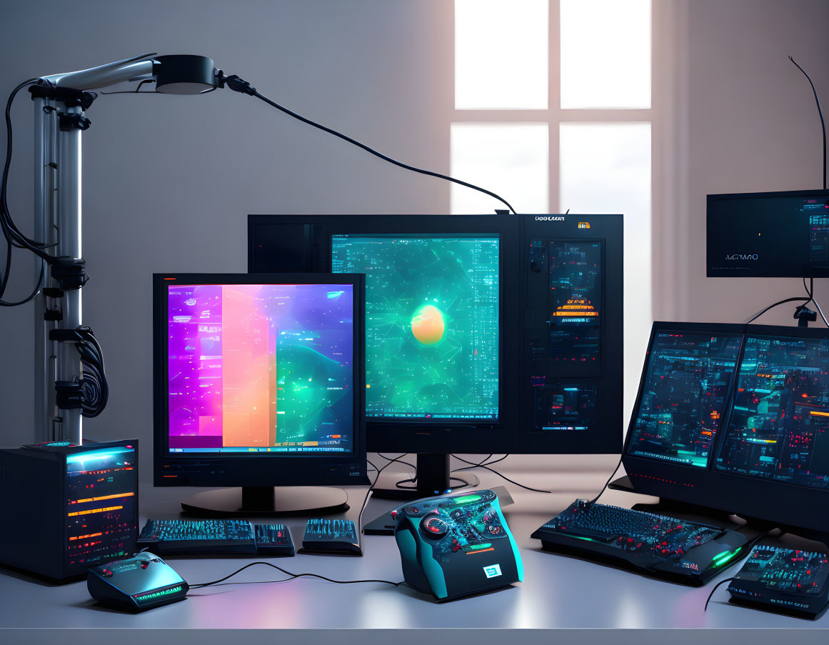 Modern gaming setup with multiple monitors and backlit keyboard