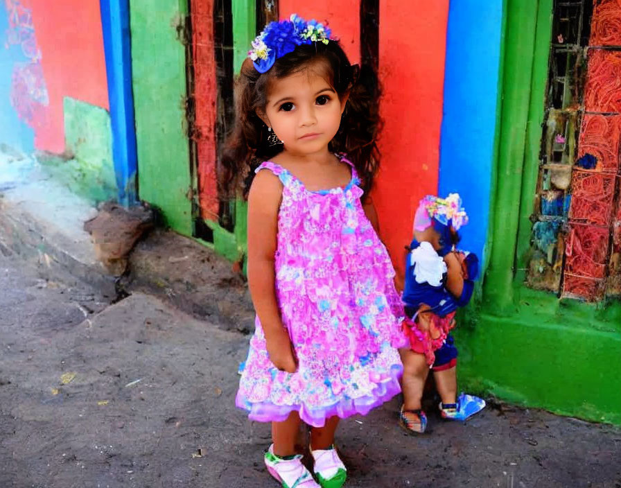 Young girl in pink floral dress standing in front of colorful wall