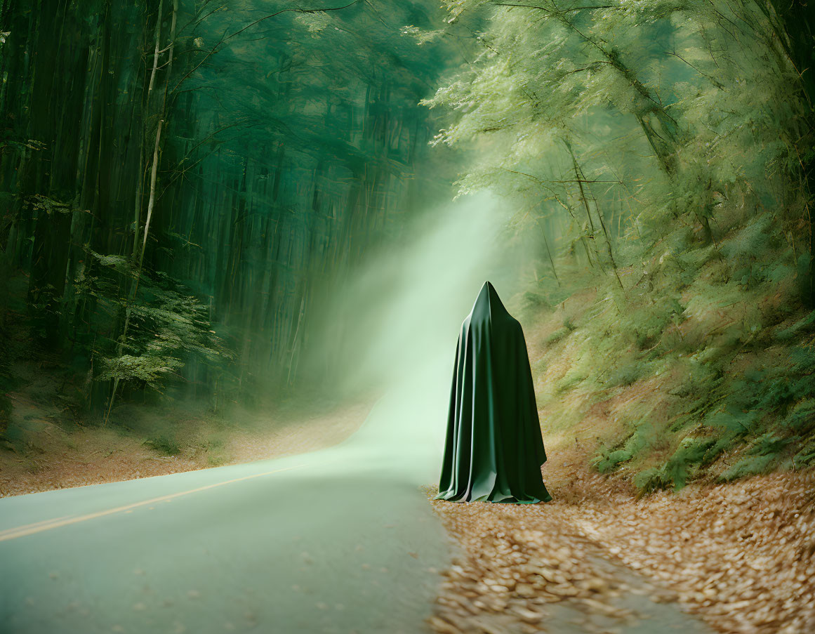 Cloaked figure on foggy forest road with sunbeams