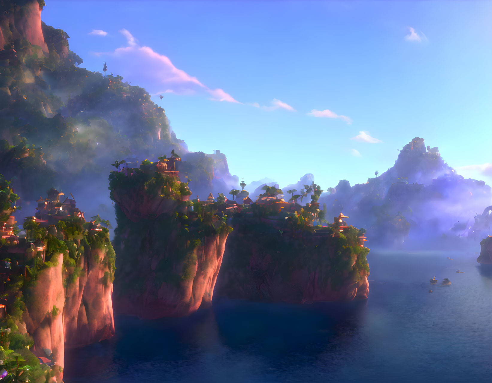 Tranquil landscape with lush cliffs, waterfalls, traditional structures, and serene bay.