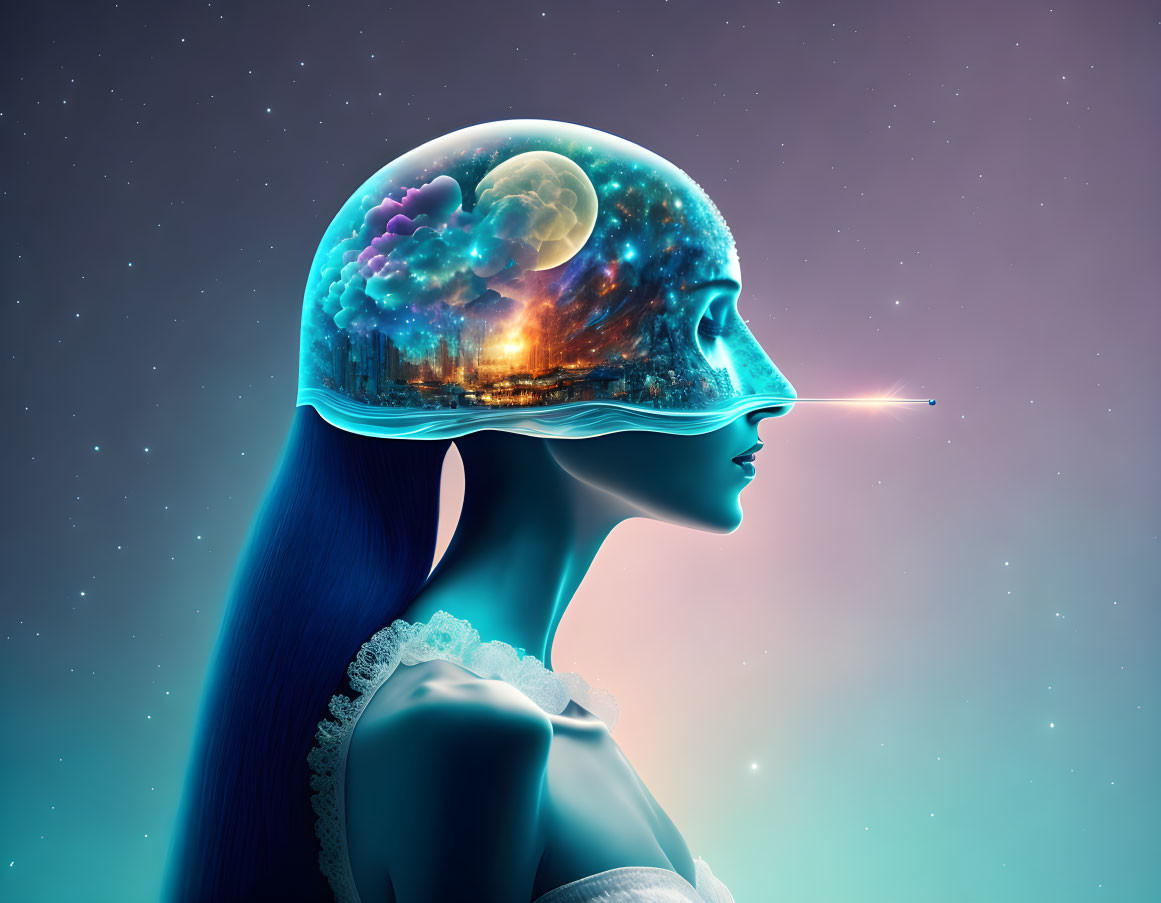 Surreal digital art of woman with transparent head displaying cosmic scenes and cityscape against starry background