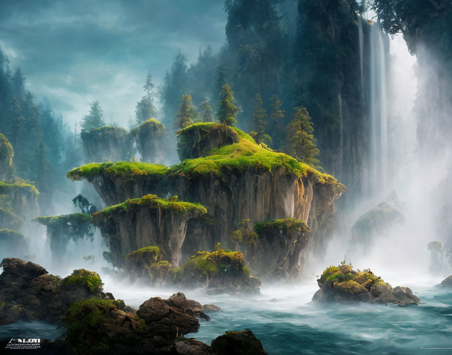 Mystical Landscape: Sunlit Islands, Waterfalls, and Dark Forest