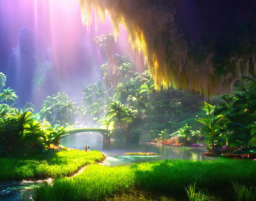 Sunlit Fantasy Jungle with Stone Bridge & Hanging Vines