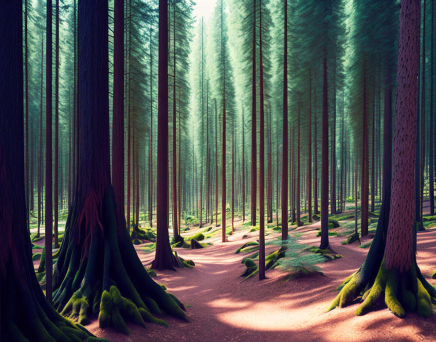 Tranquil forest scene with tall trees and dappled sunlight