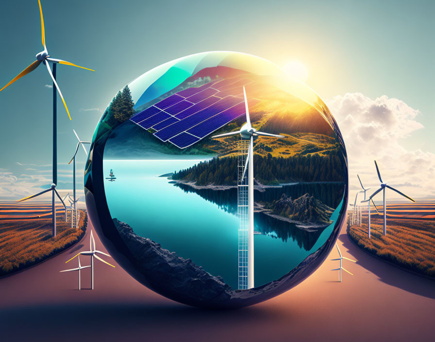 Surreal image of glassy globe with renewable energy themes in forest setting