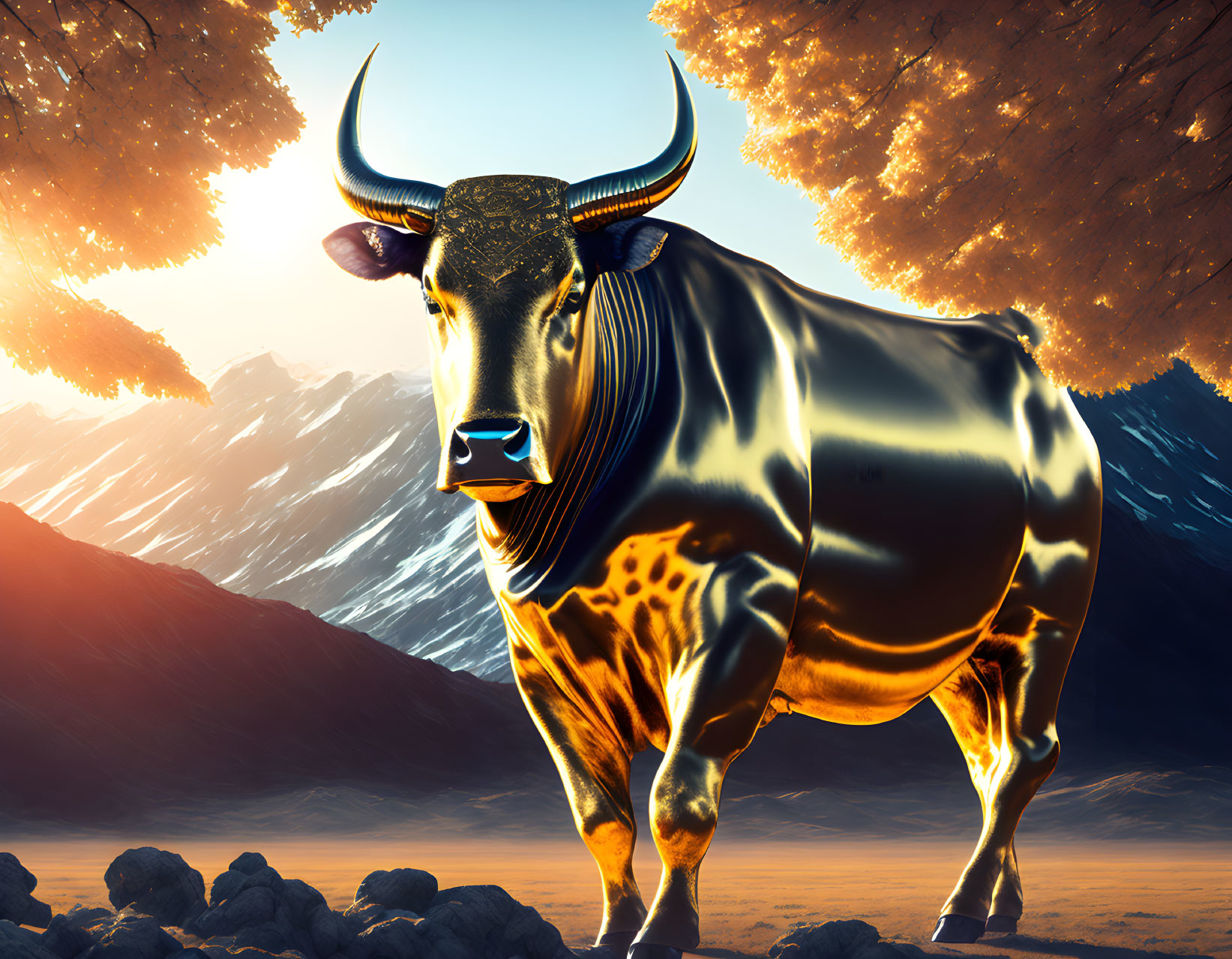 Majestic golden bull in sunset landscape with orange trees and mountains