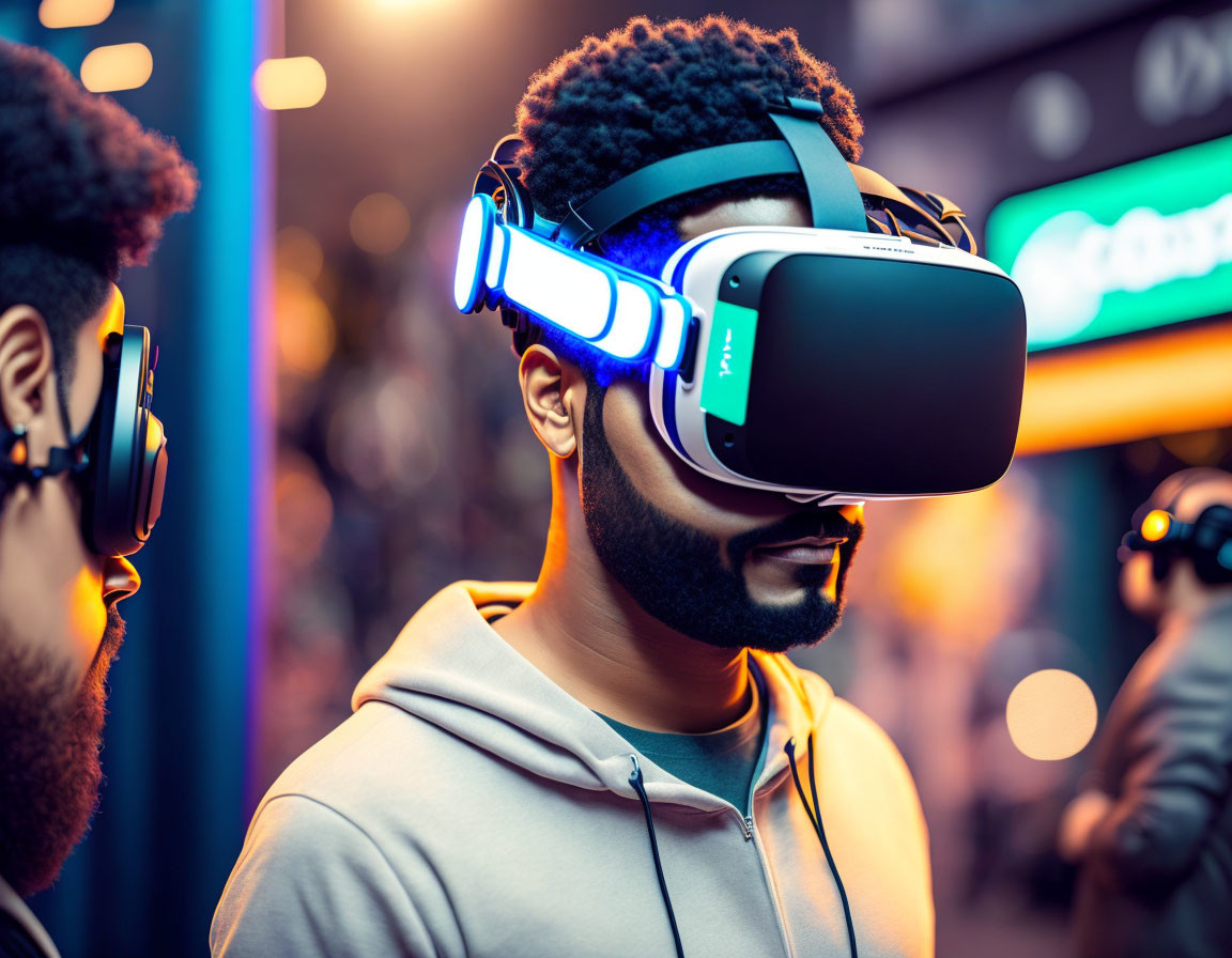 Man in VR Headset with Glowing Lights in Urban Night Scene