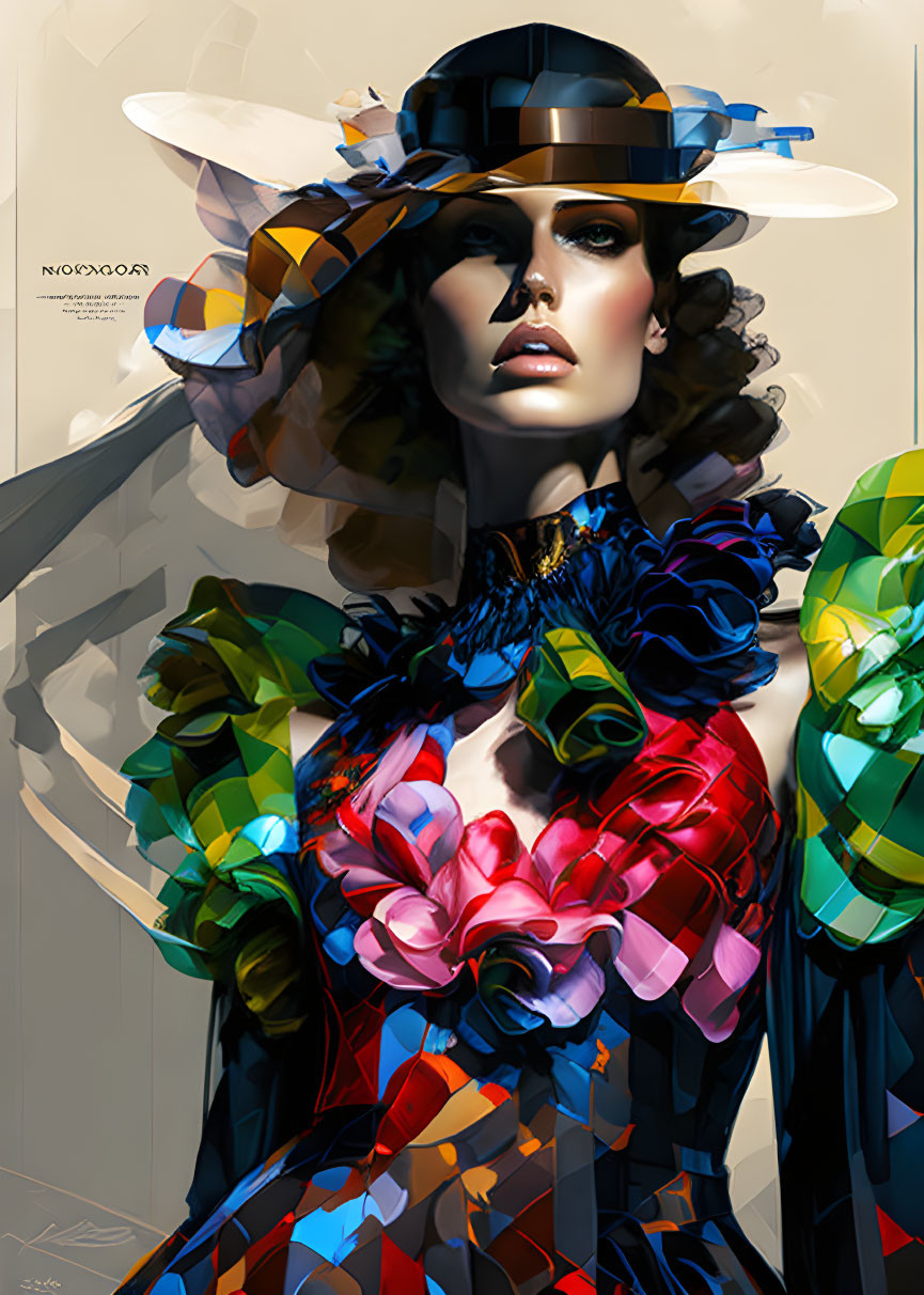 Colorful geometric-patterned outfit on stylized woman with wide-brimmed hat