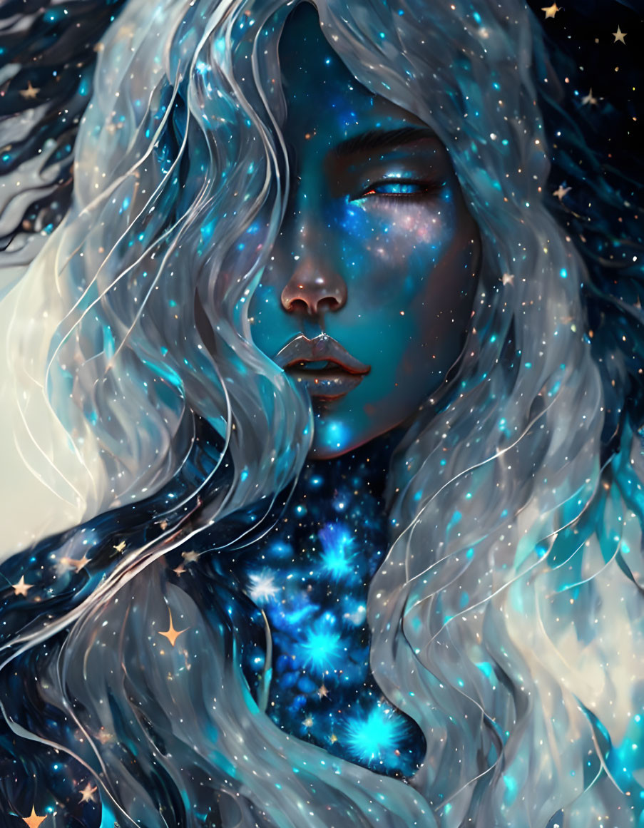 Digital artwork of woman with cosmic elements merged into skin and hair