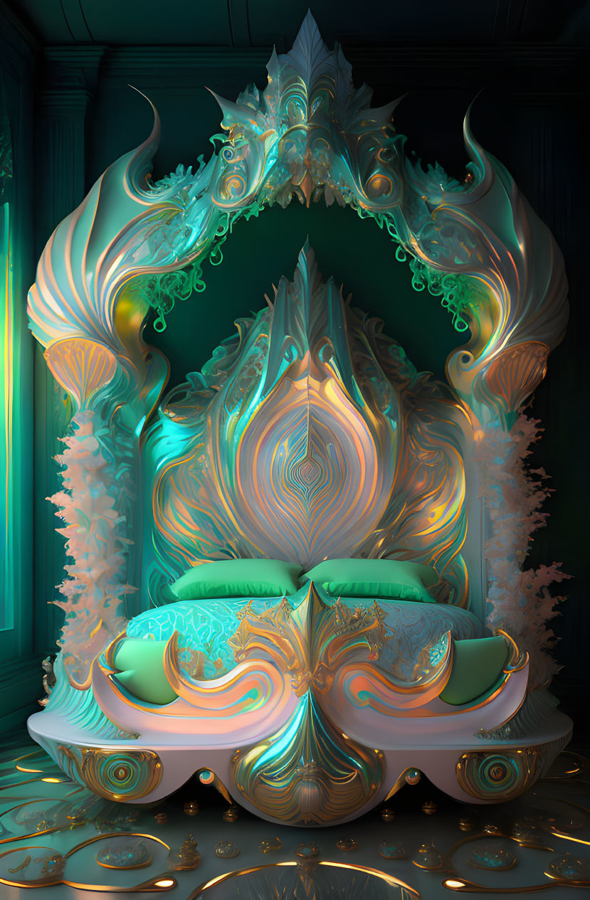 Intricate surreal throne with glowing accents in dark green room