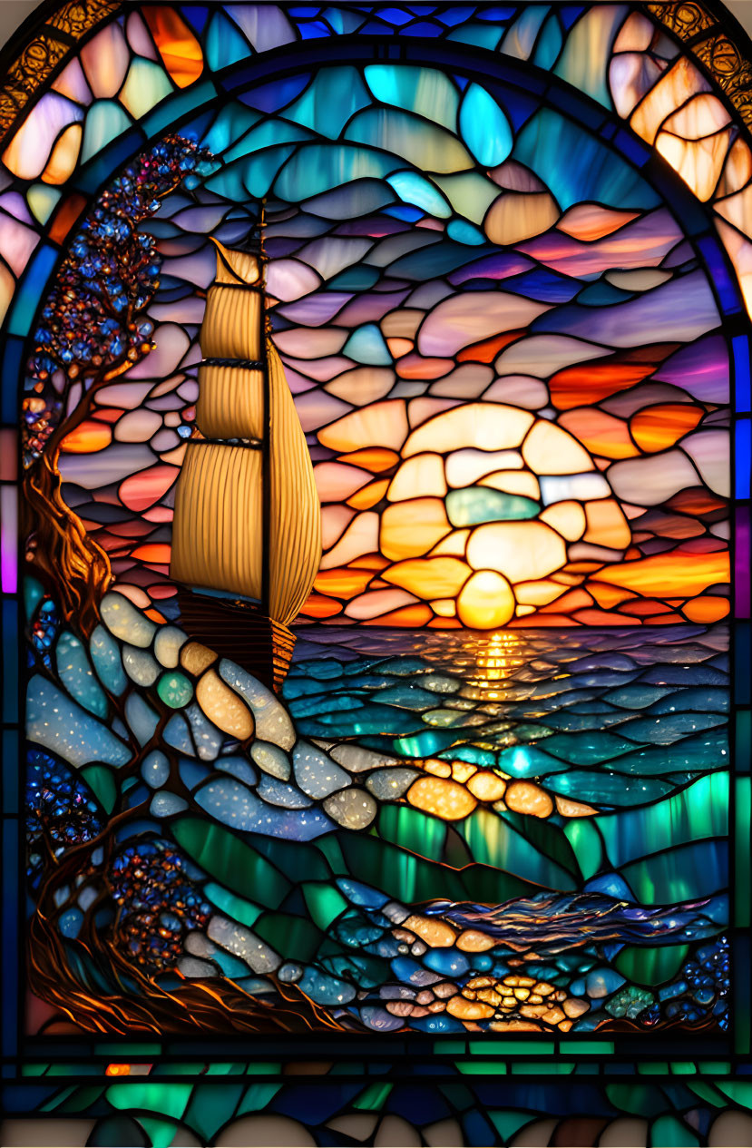 Colorful Sailboat Stained Glass Window with Sunset and Waves